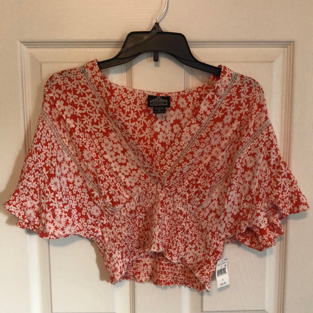 ANGIE Boho V-Neck Floral Smocked Waist Blousy Short Sleeve Crop Top NWT Small
